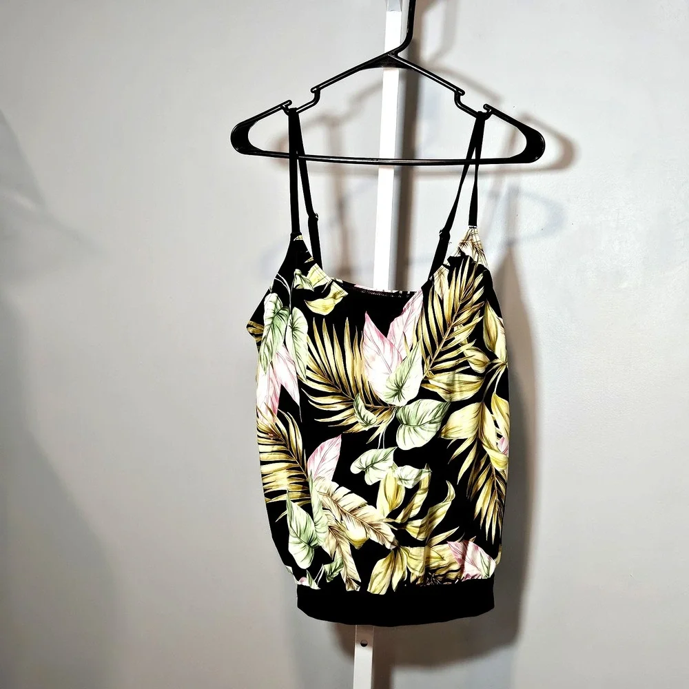 NWT Lands End Women's Size 14 Tankini Top Black w/Tropical Leaf Pattern UPF 50